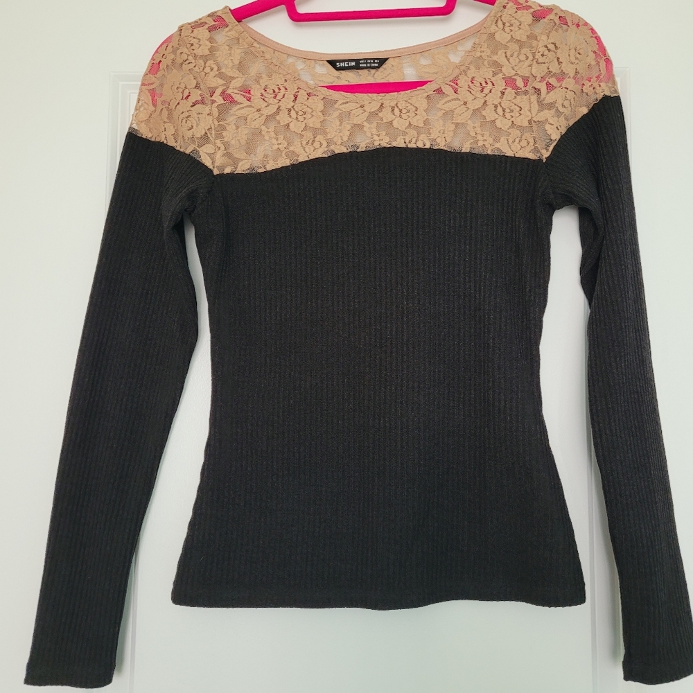 SHEIN Lace Top Rib-knit Slim Tee
